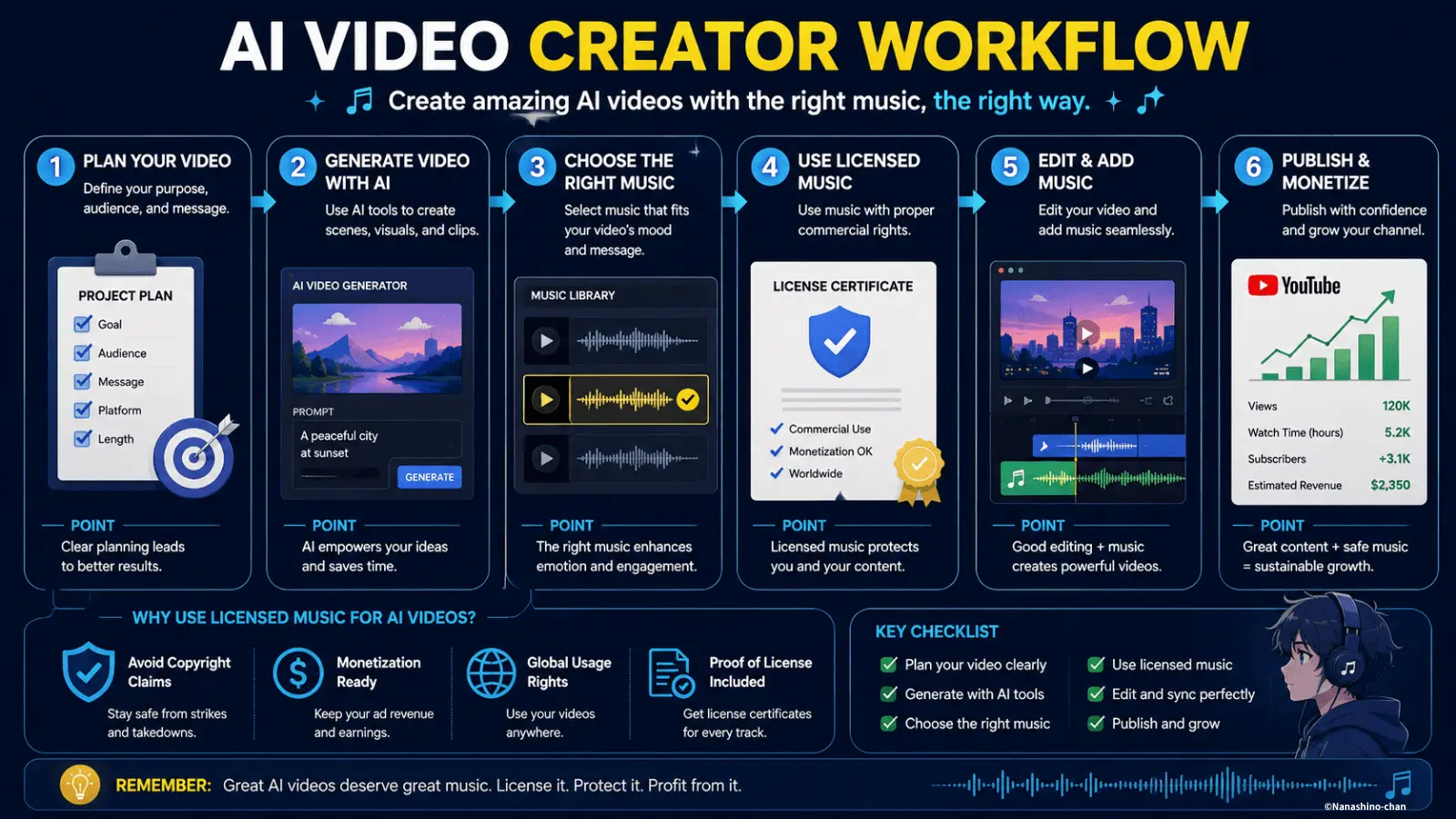 AI video creator workflow showing licensed music, editing, publishing, and monetization steps for AI content creators