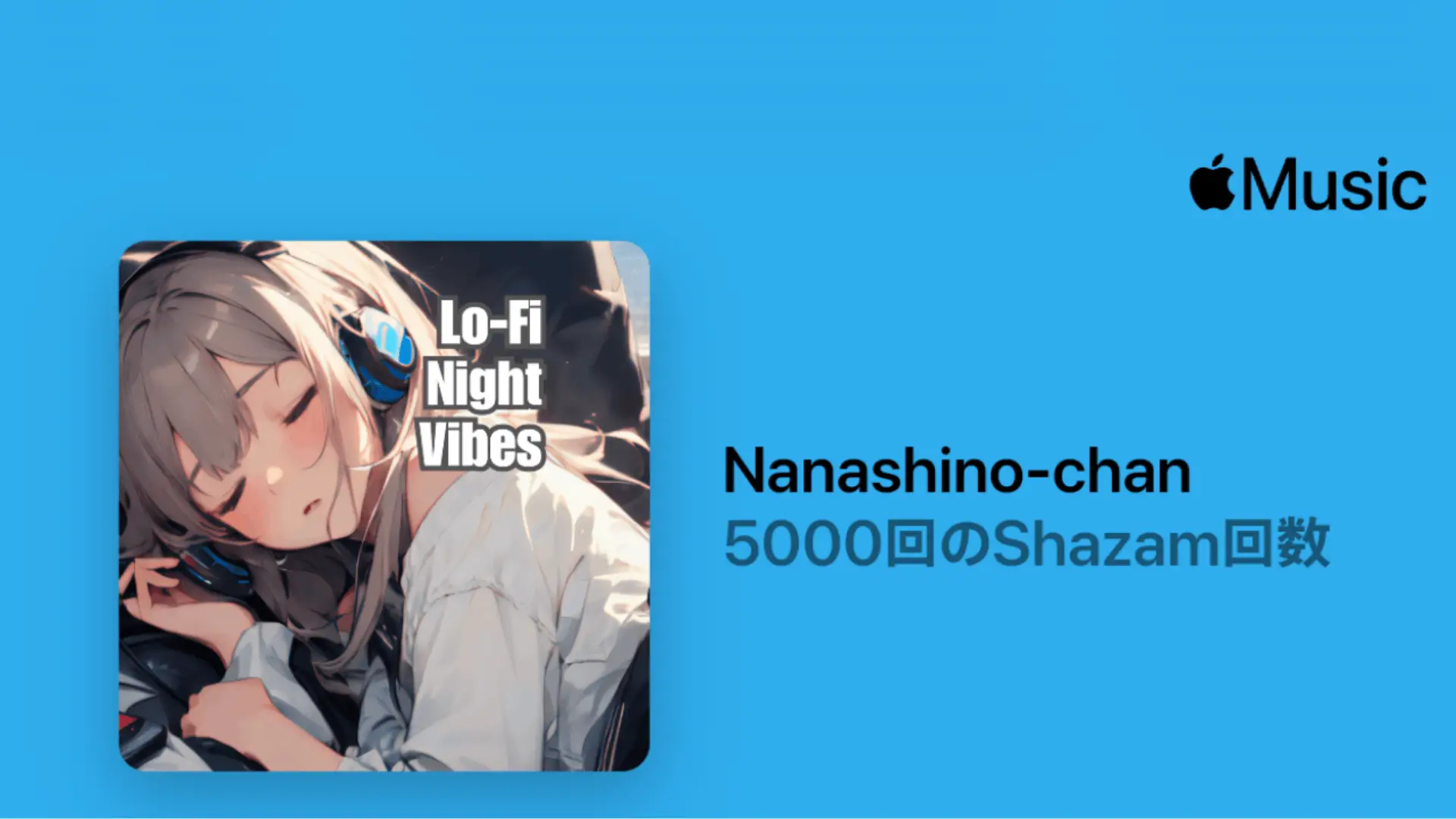 Apple Music milestone notification graphic documenting 5,000 cumulative Shazams for Nanashino-chan